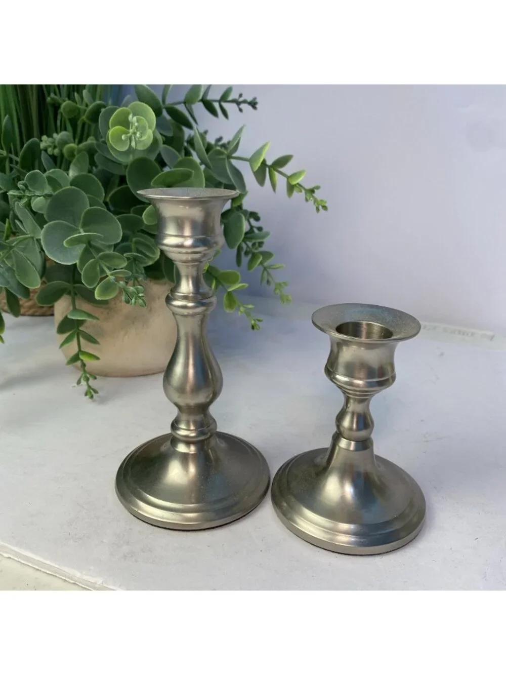 Vintage Weighted Pewter Candlestick Mixed Height Candle Holders Set of 2
